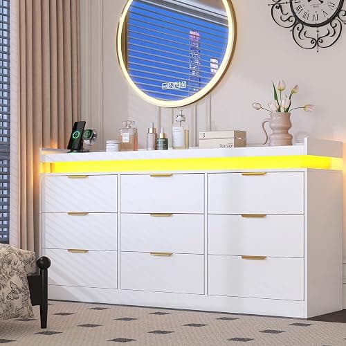 9 Drawer Dresser for Bedroom, White Dresser with LED Lights and Charging Station, Modern Chest of Drawer, Wood Triple Wide Drawer Organizer Cabinet for Bedroom, Living Room, Entryway, Hallway thumbnail 6