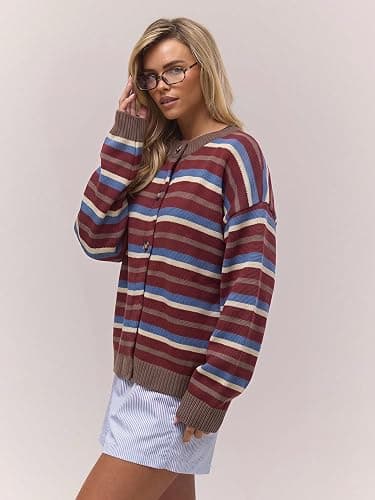 SOLY HUX Women's Y2K Striped Color Block Oversized Cardigan Sweater | Colorful, Long Sleeve Drop Shoulder Cardigans, Sweater Knit Jacket, Button Down thumbnail 2