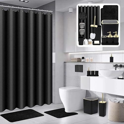 XLHOMO Bathroom Set with Shower Curtain and Rugs- 25PC Bathroom Accessory Set, Black Shower Curtain Set, Toilet Brush, Trash Can, Qtip Holder Dispenser & Soap Dispenser - Black&Golden - Bath Set+Shower Curtain+Bath Rugs thumbnail 2