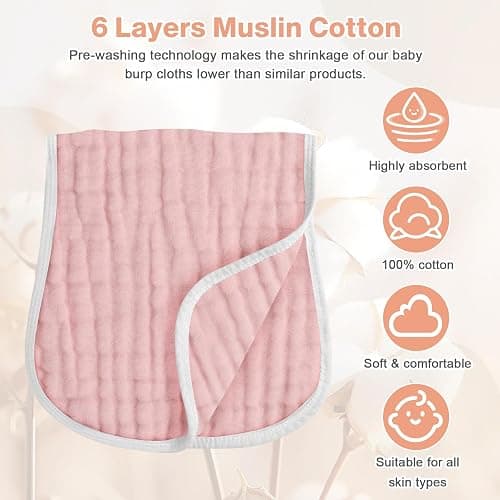 MUKIN Baby Muslin Burp Cloth Set of 6, Ultra Soft Absorbent Thick Cotton Burping Cloths for Unisex Newborn Babies, 20'' by 10'' Neutral Milk Spit Up Rags Boys Girls - Baby Must Haves. (Gradient Pink) thumbnail 6