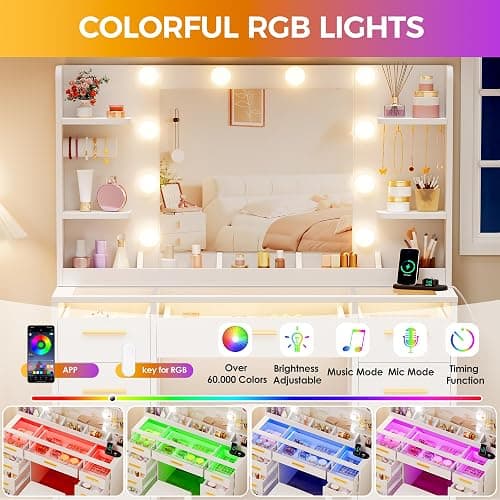 ANWBROAD Vanity Desk with Mirror and Lights 3 Colors Large Makeup Vanity Table Set Transparent Glass Top with 9 RGB Drawers, 4 Shelves Vanity Desk with Stool Power Outlet White Bedroom Women UBDT94W thumbnail 3