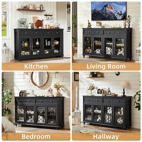 Joaxswe Farmhouse Sideboard Buffet Cabinet with Storage,59" Large Credenza with 4 Glass Doors & 2 Drawers,Adjustable Shelves Console Table,Wood Kitchen Coffee Bar for Dining Room,Living Room,Black thumbnail 4