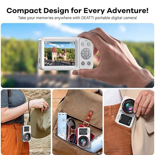 Deatti Digital Camera FHD 4K with Dual Screen 64GB SD Card 2 Batteries,18X Zoom,Anti Shake Portable Rechargeable Camera for Teens Boys Girls Kids,White thumbnail 7