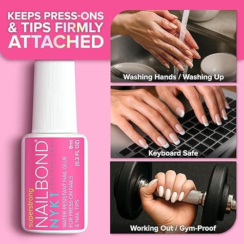 Super Strong Nail Glue for Press On Nails, Nail Tips & Acrylic Nails (8ml) NYK1 NailBond Brush On Glue for Press Ons, Tips & Acrylics - Long Lasting, Maximum Strength, Mess-Free Application thumbnail 8