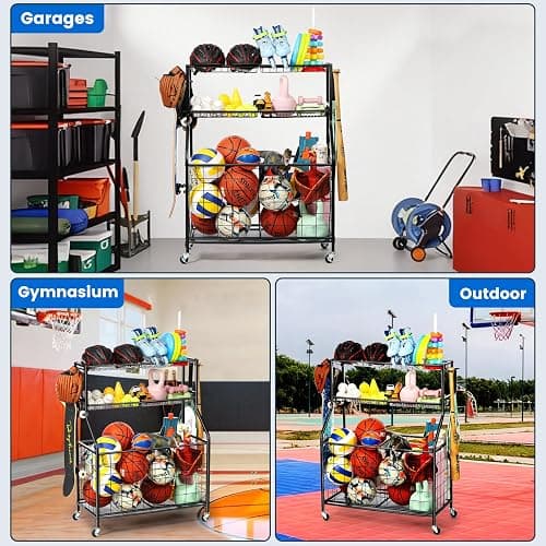 Garage Sports Equipment Organizer, Sports Equipment Storage for Garage with Baskets and Hooks, Rolling Basketball Racks for Balls with Wheels, Outdoor Toy Storage (Original Black) thumbnail 6