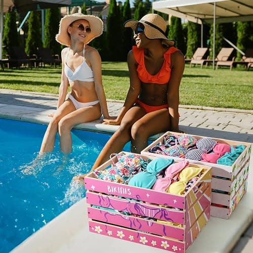 Novabright 2 Pack Large Bikini Box 16x12x9.5in Wooden Crate Box for Swimwear Storage Stackable Bikini Organizer Crate DIY Assembly Summer Pool Party Storage Bin (Tropical,Pink) thumbnail 4