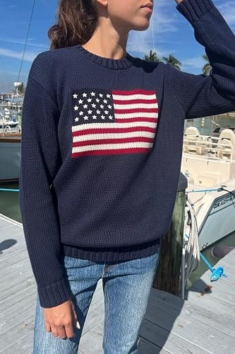 Adoeren Women American Flag Sweater Vintage Long Sleeve Crewneck Knitted Jumper Oversized Aesthetic Knit Pullover Top thumbnail 5