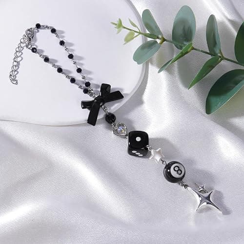 LuneClat Black Bow Car Mirror Chain Y2k 8 Ball Star Beaded Hanging Charm | Y2k Aesthetic Hanging Charm With 8 Ball And Star Pendant. Beaded Car Rearview Mirror Chain. Cute Car Interior Decor thumbnail 4