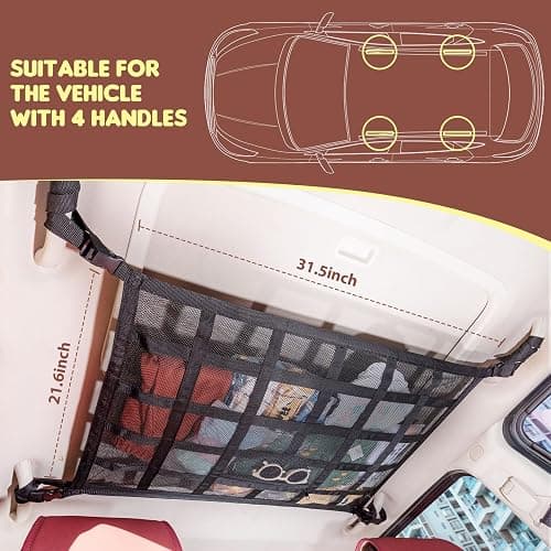 Kaskawise Upgrade Car Ceiling Cargo Net Pocket,31.5"x21.6" Double-Layer Car Roof Storage Organizer,Overhead Net for Truck,SUV & Van Camping,Travel Road Trips,Van Life Essentials thumbnail 3