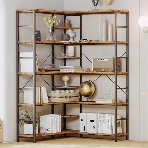 IRONCK Industrial Bookcases and Bookshelves, Book Shelf, Vintage Brown | 5 Tiers Corner Bookcase with Curved Panels, L Shaped Bookshelf with Metal Frame for Open Storage for Living Room, Home Office thumbnail 8