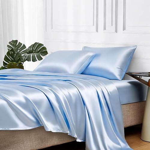MR&HM Satin Bed Sheets, Queen Size Sheets Set, 4 Pcs Silky Bedding Set with 15 Inches Deep Pocket for Mattress (Queen, Light Blue) - Image 1
