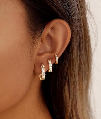 CAROVO 3 Pairs Gold/Silver Hoop Earrings for Women Trendy Dainty 14K Gold Plated Cubic Zirconia Stud Earrings Huggie Hoop Earrings Stack for Multiple Piercing Jewelry thumbnail 4