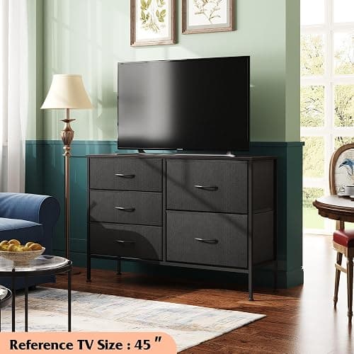 WLIVE 5 Drawer Black Fabric Dresser for Bedroom, Wide Storage Chest | Black 5-drawer wide fabric dresser with steel frame, modern storage for bedroom living room home closet thumbnail 2