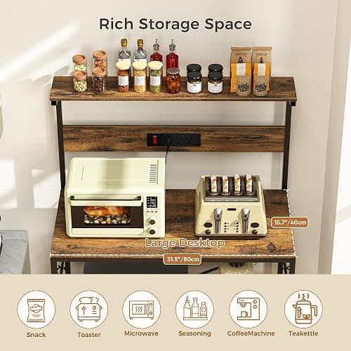 VUSIGN Kitchen Bakers Rack with Power Outlet, 4-Tier Coffee Stand with 6 S Hooks, Adjustable Kitchen Microwave Stand, Appliance Storage Shelf Rack for Spices, Pots and Pans, Rustic Brown,31.5" W thumbnail 4