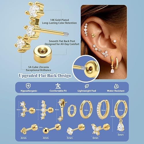 DEWEN Hypoallergenic Flat Back Earrings Set for Women | Cartilage Earrings Stacks | 14K Gold Plated Surgical Steel Studs | Hoop Earring Sets for Women | Small Helix Flatback Studs for Ear Piercing thumbnail 3