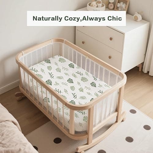 Coreeky Muslin Bedside Sleeper Bassinet Fitted Sheets, 3 Pack Cotton Baby Sheet for Boys & Girls, Soft, Compatible with Baby Delight, Dream On Me, AMKE and Other Rectangle Mattress (Leaf Green) thumbnail 2