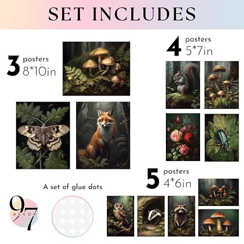 97 Decor Cottagecore Wall Art, 12 Botanical Mushroom Prints, Unframed | Cardstock prints, 3 pcs 8x10, 4 pcs 5x7, 5 pcs 4x6, mushroom, nature and animal art, cozy cottage bedroom decor thumbnail 2