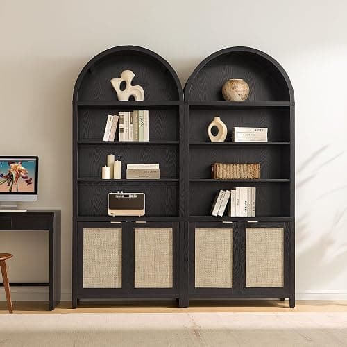 SICOTAS Book Shelf Arched Cabinet Bookshelf Arch 84.2" Tall Bookcase 5 Tier Large Bookshelves with Doors Storage Rattan Boho Wide Book Shelves Case for Living Room Kitchen Office Bedroom Library thumbnail 2