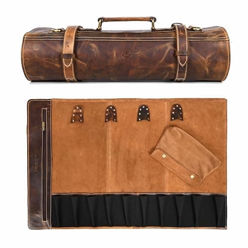 Aaron Leather Goods Vendimia Estilo Leather Knife Roll Storage Bag, Elastic and Expandable 10 Pockets, Adjustable/Detachable Shoulder Strap, Travel-Friendly Chef Knife Case Roll (Caramel, Leather) - Image 1