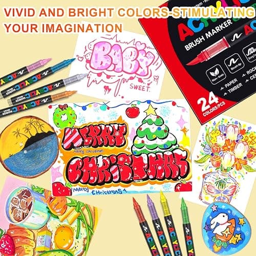 Laconile 24 Couleurs Feutre Acrylique, stylos acryliques à pointe pinceau pour le coloriage adulte ，Acrylic Paint Markers pour Coloriage, Calligraphie, Bois, Toile, Verre, Céramique (24) thumbnail 4
