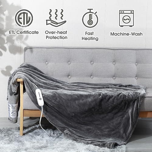 JIAMEIDING Heated Blanket Throw 50"x60", Super Soft Flannel Electric Throw Blanket, 3 Heating Levels, 4H Auto Off, Overheat Protection, Machine Washable, ETL & FCC Certified,for Home Office,Grey thumbnail 5