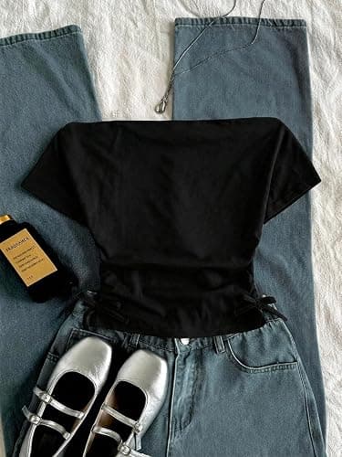 RoseSeek Girl's Off The Shoulder Letter Graphic Tees Short Sleeve Ruched Bowknot T Shirts Cute Crop Tops thumbnail 2
