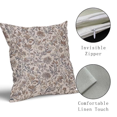 Vintage Floral Pillow Covers 18x18 Inch Set of 2 Antique Flower Block Print Throw Pillow Covers Brown Neutral Traditional Square Cushion Case Decoration for Couch Home Decor thumbnail 5