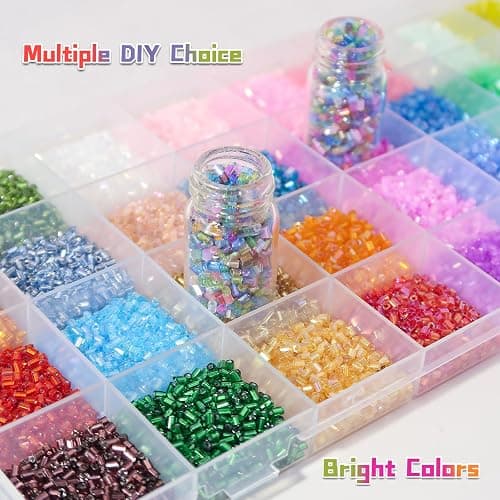 EuTengHao Kit de perles tubulaires 3 mm en verre pour la fabrication de bijoux, la broderie et la décoration intérieure (32 couleurs vives, 19200 pièces) thumbnail 3