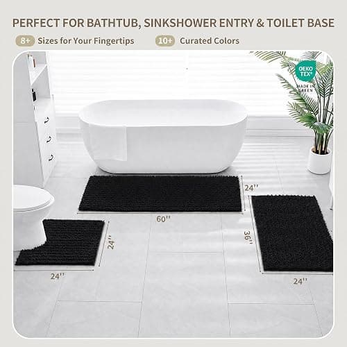 Ruggnovea Bathroom Rugs Non Slip Washable 32x20, Extra Thick Soft Chenille Absorbent Bath Mat, High Density Barrier Non Slip Backing, Quick Dry Plush Shaggy Floor Carpet for Tub&Shower, Black thumbnail 3