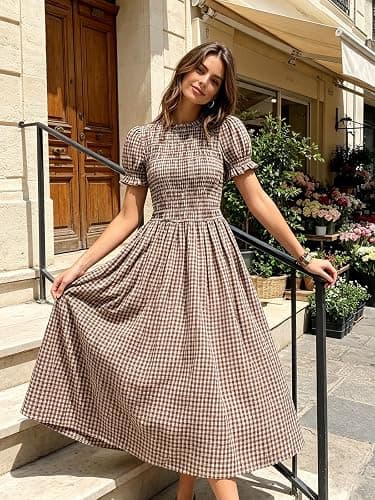 RIHOAS Plaid Gingham Midi Dress Short Sleeve Smocked Dresses for Women | Cotton,Ruffle Puff Sleeves,Vintage Brown,Spring Summer Casual Daily,Picnic,Travel,Vacation,Christmas Festive Occasions thumbnail 4