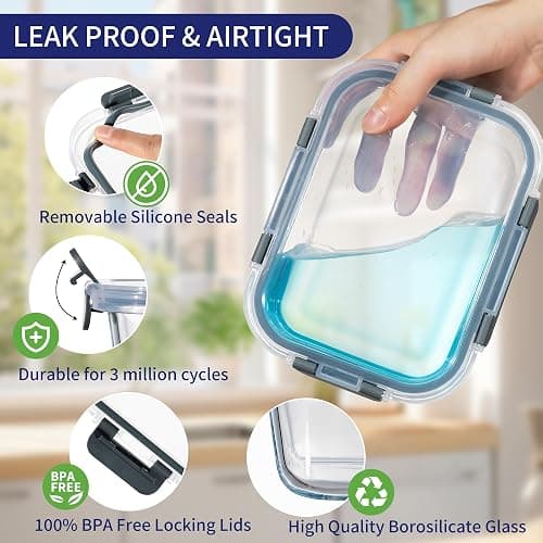 MFY 12-Pack Glass Storage Containers with Lids, Glass Meal Prep Containers Set, Airtight Lunch Containers with Lids, Microwave, Oven, Freezer and Dishwasher Safe, Gray thumbnail 3