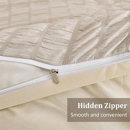 Beige Seersucker Duvet Cover Double Size Puckering Seersucker Bedding Set,2 Pillowcases and Zipper Closure,Soft Microfiber,200x200 cm thumbnail 6