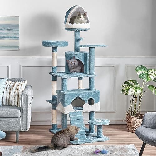 Yaheetech Cat Tree, 72.5inch Ocean-Themed Cat Tower, Multi-Level Large Cat Tree for Indoor Cats with Shark's Mouth Bed & 2 Big Condos & 2 Wide Perches & Funny Toys, Blue & White thumbnail 2