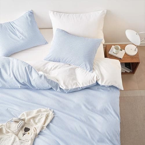 Wake In Cloud - Striped Comforter Set, Ticking Stripe Vertical Pinstripe Neutral Farmhouse Pattern Printed, Soft Lightweight Bedding, 3 Pieces, Blue White, Queen Size thumbnail 5