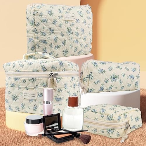 VIWIME Makeup Cosmetic Bag, Large Cotton Quilted Travel Coquette Aesthetic Cute Floral Make up Bag for Women Toiletry Bag Organizer (203- Blue Rose / 4Pcs) thumbnail 2