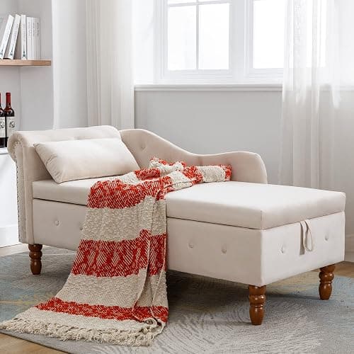 58.26 in Corner Lounge Sofa with Storage Upholstered Velvet Fabric Chaise Lounge Chair Indoor with Pillow & Nailhead Trim, Modern Sleeper Sofa Bed for Bedroom, Living Room & Apartment (Beige) - Image 1