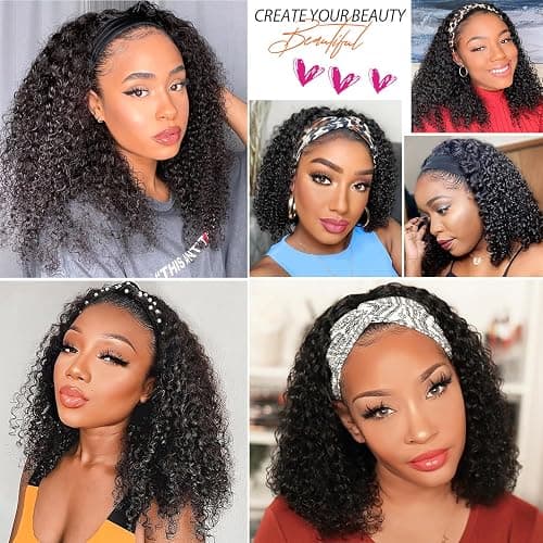 Headband Wig Human Hair,10 Inch Curly Wigs for Black Women,Natural Black | Glueless Headband Wigs,None Lace Front Wig Easy Wear,150% Density Machine Made,Half Wig Human Hair Beginner Friendly thumbnail 5
