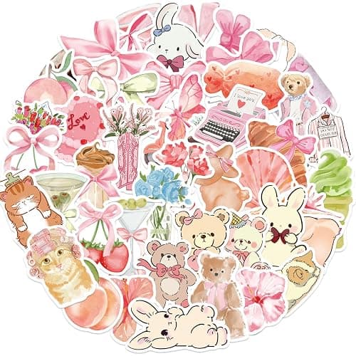 50pcs Coquette Pink Bows Vintage Aesthetic Stickers - Pink Bear, Graffiti, Water Bottles, Laptop, Phone, Guitar thumbnail 4