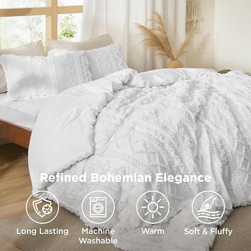 Bedsure Tufted Boho Comforter Set Full Size - Bright White Boho Bed Set, GentleSoft™ 3 Pieces Farmhouse Shabby Chic Embroidery Bedding, Gifts for Woman, Soft Jacquard Full Comforter for All Seasons thumbnail 4