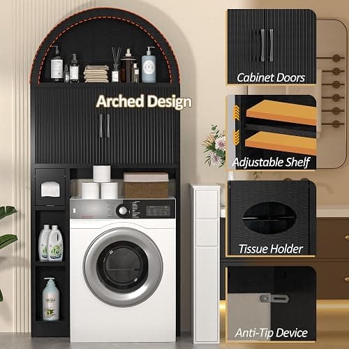 OUTGUAVA Over The Toilet Storage Cabinet, Bathroom Organizer Over Toilet, Arched Storage Organizer Cabinet with Anti-Tip Device and Adjustable Shelf for Washroom Laundry and Restroom, Black thumbnail 4