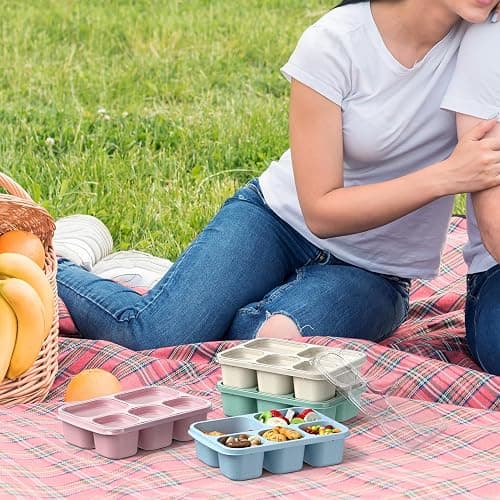 Bento Box Adult Lunch Box - 4 Pack, 5 - Compartment Meal Prep Container for Kids, Reusable Food Storage Snack Containers - Stackable for School, Work, and Travel (Wheat(Green/Blue/Pink/Beige)) thumbnail 7