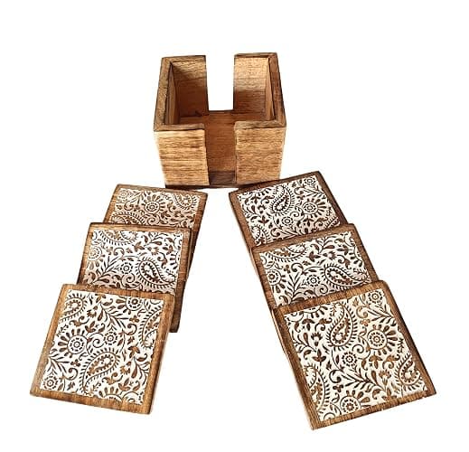 VANIYA CRAFTS® Handmade Wooden Coasters for Drinks with Holder for Coffee Table, Hot Drinks, Beverages, Housewarming Gift (Natural White Finish) (Natural White 2) thumbnail 3