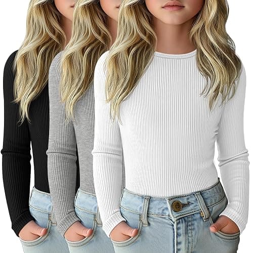 LessonZoo 3 Pack Girls Long Sleeve Shirts Ribbed Knit Cotton Layering Tops Slim Fit Crewneck Casual Undershirts - Image 1