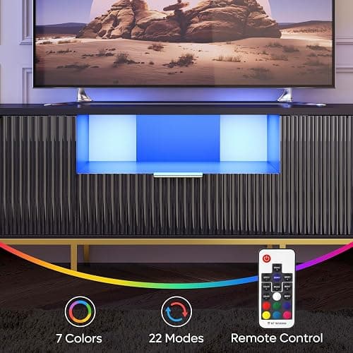 Bestier 70” Fluted TV Stand with LED Lights, Black TV Stand for TVs Up to 80", Modern Entertainment Center with Storage, TV Console, Media Console for Living Room Bedroom thumbnail 4