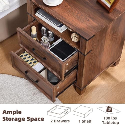 Senfarime 22" Nightstand, 2PCS Farmhouse Nightstand with 2 Drawers,Industrial Bedside Table with Open Shelf for Bedroom Living Room,Office Bed Side Tables Couch End Table,Brown thumbnail 4