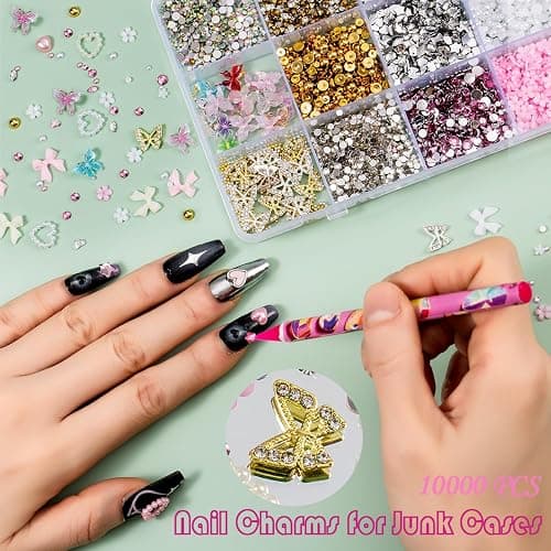 10000pcs Nail Charms and Gems:Pink Cute Bow Heart 3D Flower Charms for Junk Cases kit;Gold Chunky Butterfly Charms for Nails Design,nail jewels Diamond Rhinestones for Nails;Beads Pearls for Nails Art thumbnail 2