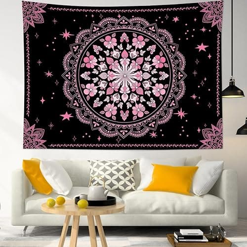 LB Black Floral Boho Tapestry Wall Hanging Pink and Black Bohemian Wall Tapestry Mandala Hippie Flower Wall Art for Bedroom Aesthetic Living Room Dorm Home Wall Decor, 60x40 Inches - Image 1
