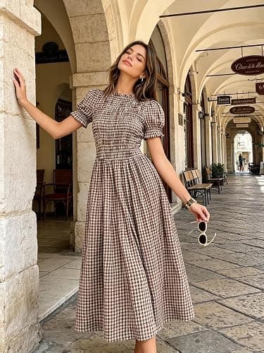 RIHOAS Plaid Gingham Midi Dress Short Sleeve Smocked Dresses for Women | Cotton,Ruffle Puff Sleeves,Vintage Brown,Spring Summer Casual Daily,Picnic,Travel,Vacation,Christmas Festive Occasions thumbnail 3
