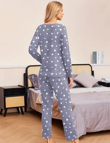 Ekouaer Womens 2 Pack Pajama Set Long Sleeve Pajamas Top and Pants V Neck Pjs Set Soft Sleepwear Loungewear thumbnail 5