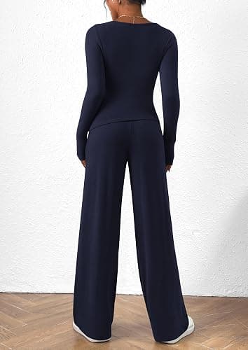 PRETTYGARDEN Women's 2 Piece Lounge Sets Asymmetrical Long Sleeve T Shirt Wide Leg Pants Fall Casual Outfits Tracksuit thumbnail 2